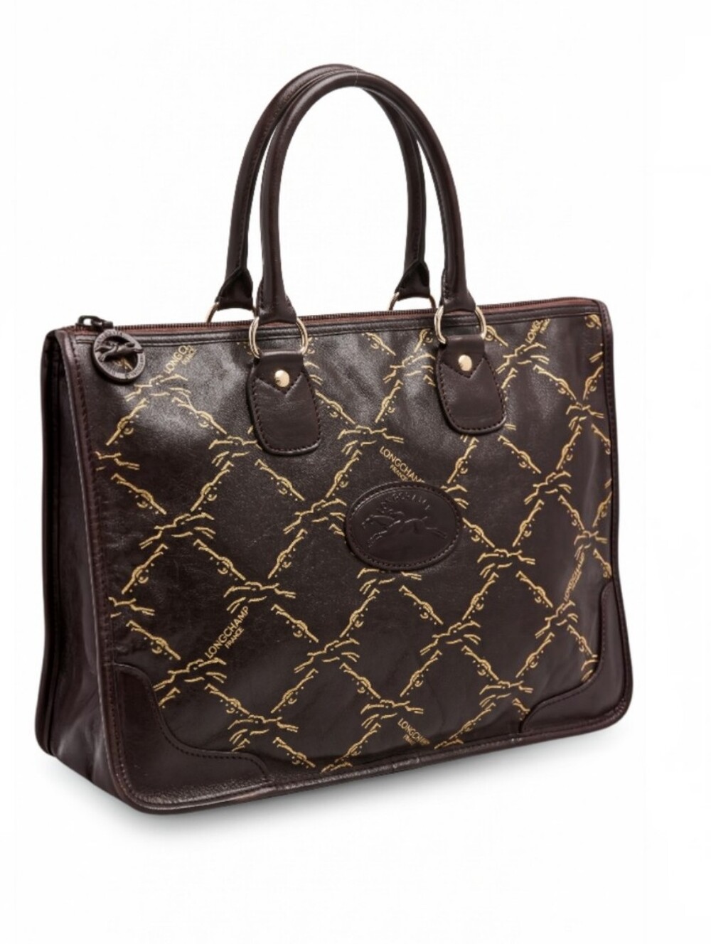 Vintage Longchamp Dark Brown Tote With Vintage Racehorse Zipper Pull